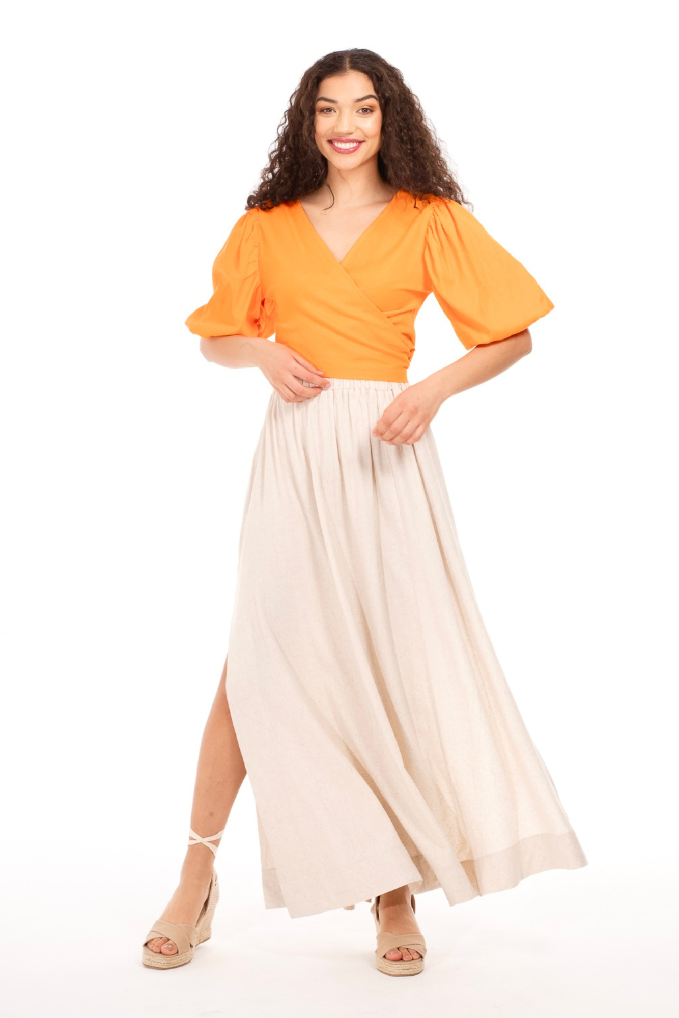 Tangerine Linen Wrap Top
