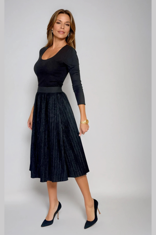 Black Sparkle Pleat Midi Skirt