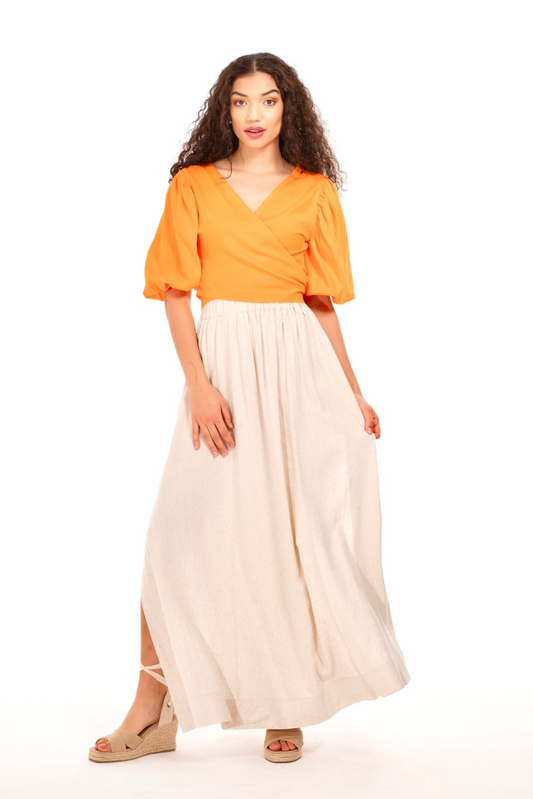 Tangerine Linen Wrap Top