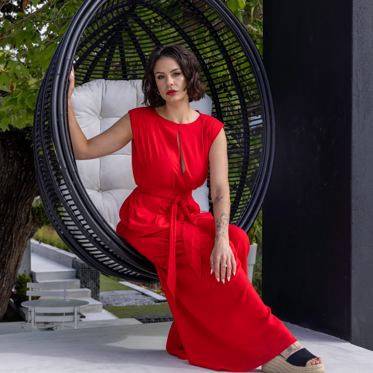 Red Wide Leg Linen Jumpsuit