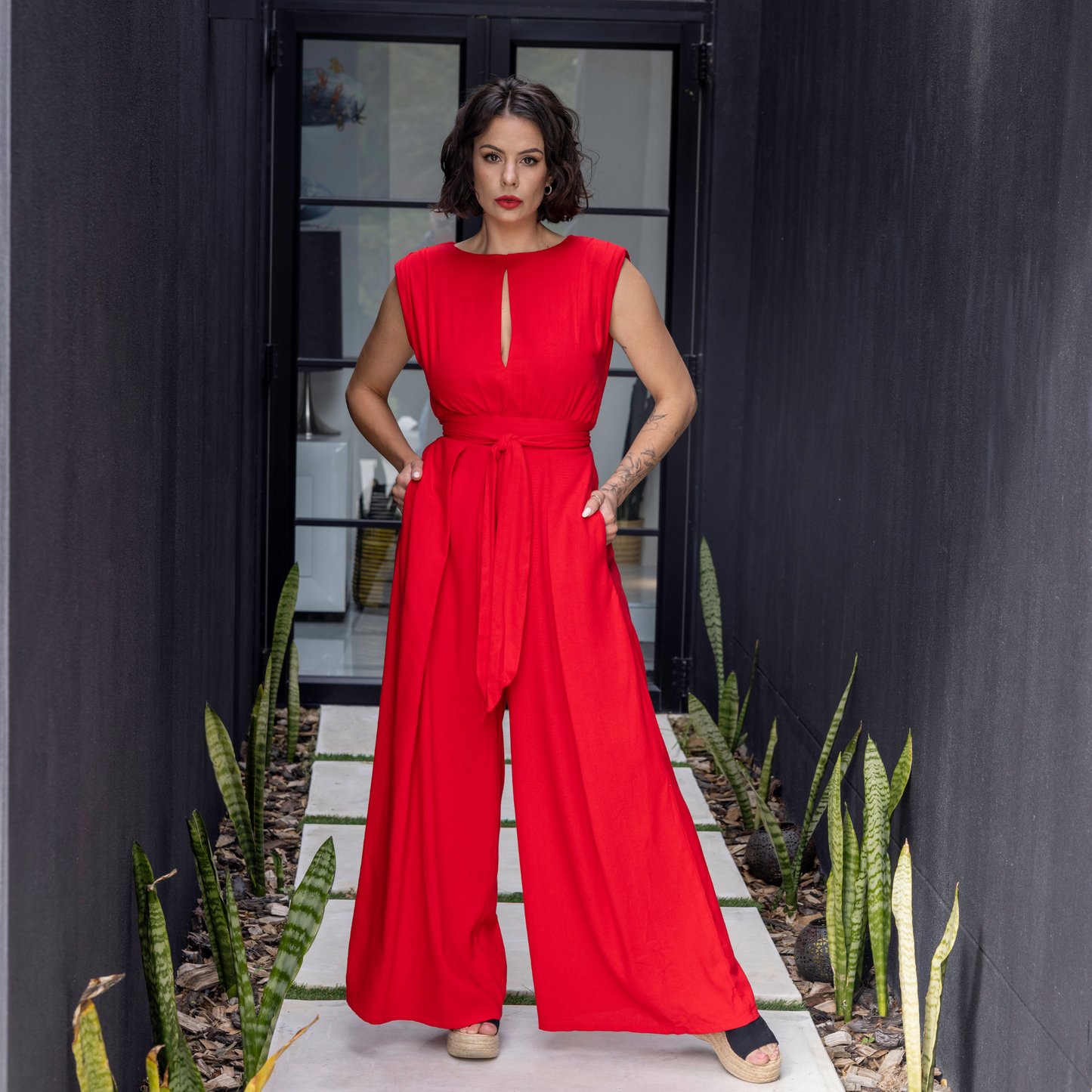 Red Wide Leg Linen Jumpsuit