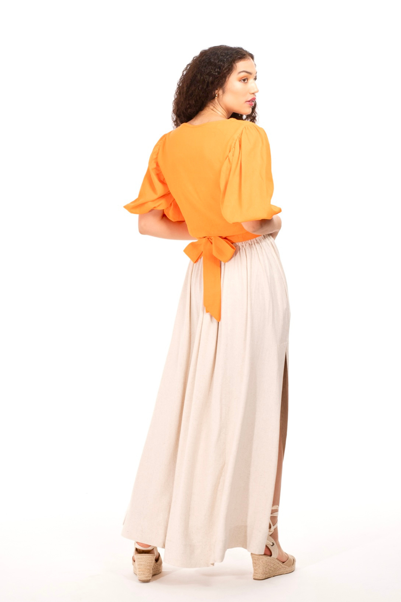 Tangerine Linen Wrap Top