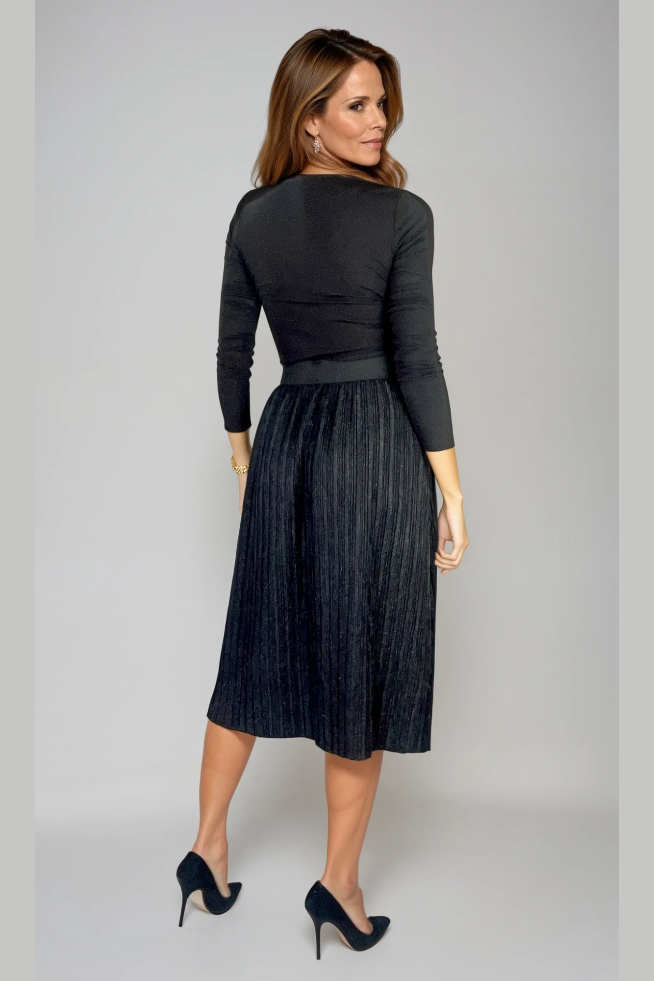 Black Sparkle Pleat Midi Skirt