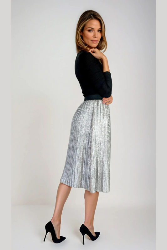 Silver Sparkle Pleat Midi Skirt