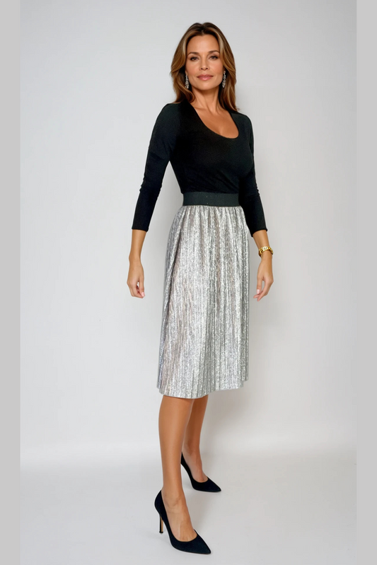 Silver Sparkle Pleat Midi Skirt