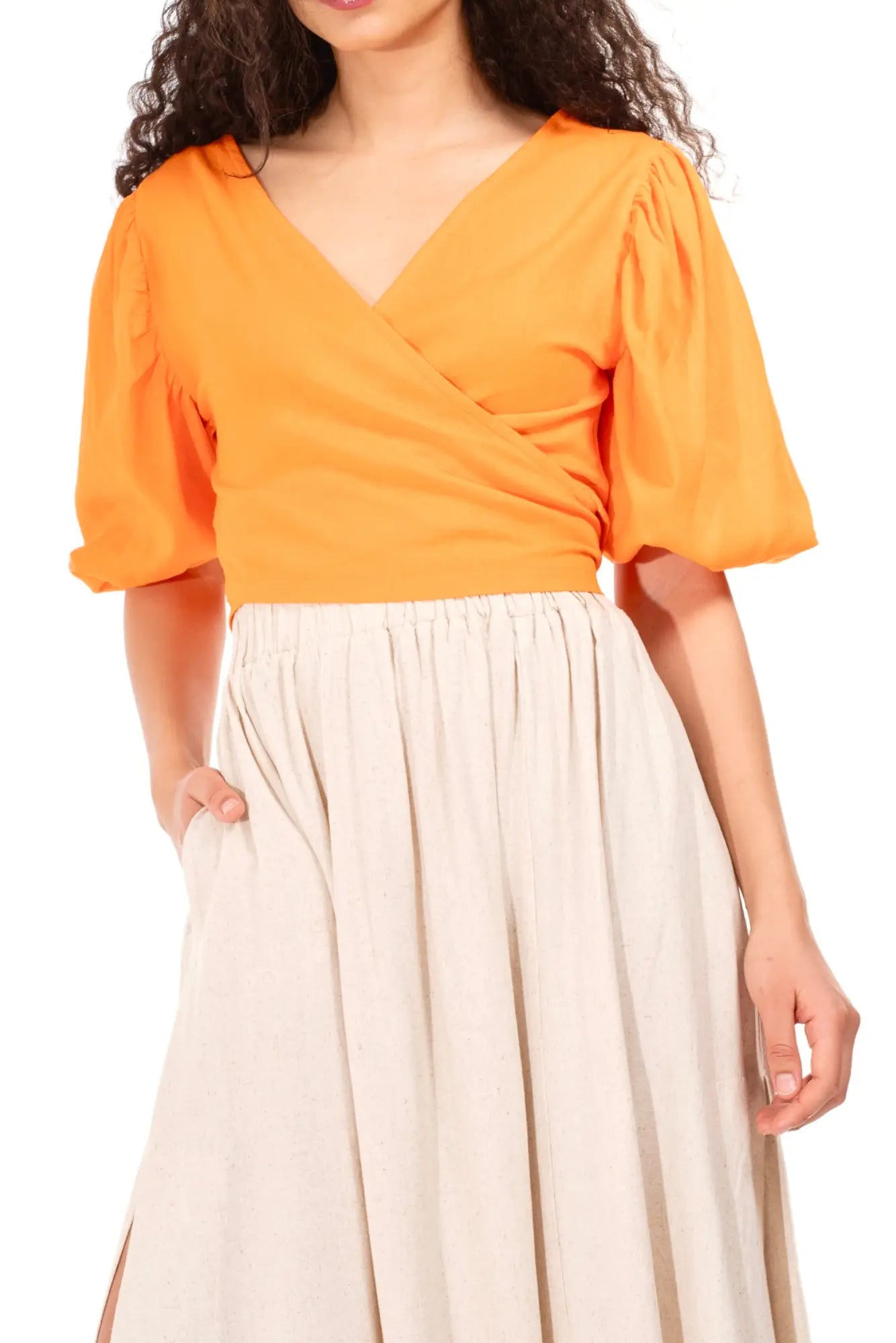 Tangerine Linen Wrap Top