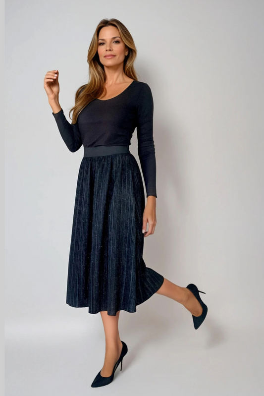 Black Sparkle Pleat Midi Skirt