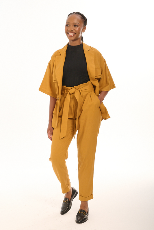 Mustard Linen Taped Pants