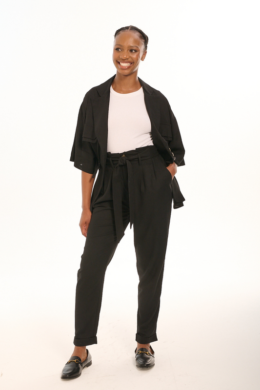 Black Linen Taped Pants