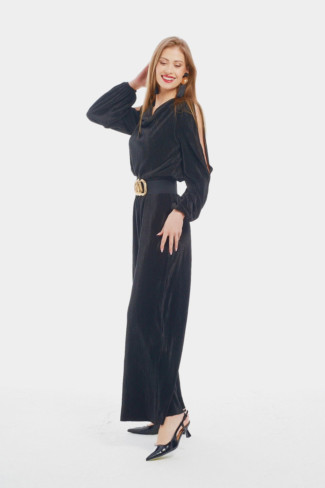 Black plisse jumpsuit sales