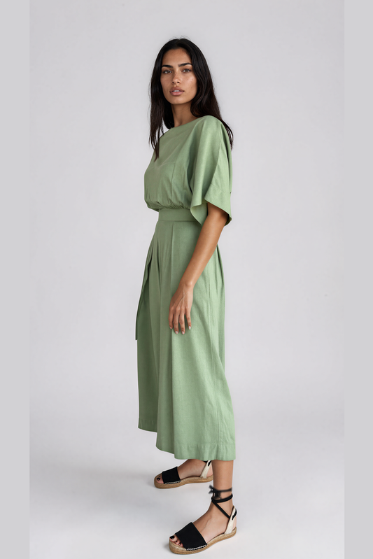 Sage Straight Neck Capri Linen Jumpsuit