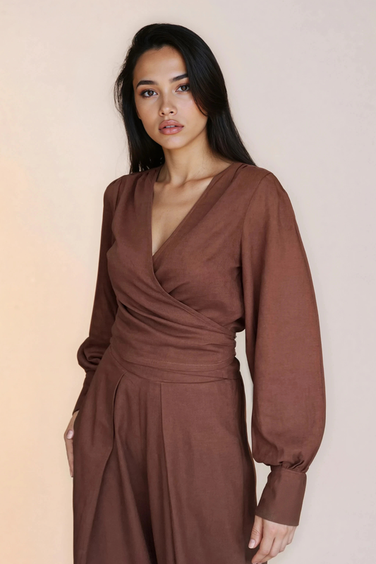 Chocolate Brown Linen Wrap Top