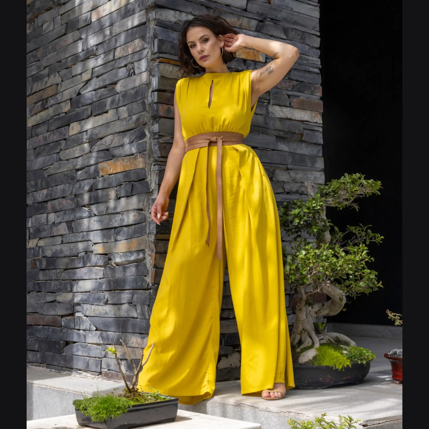 Mustard Wide Leg Linen Jumpsuit