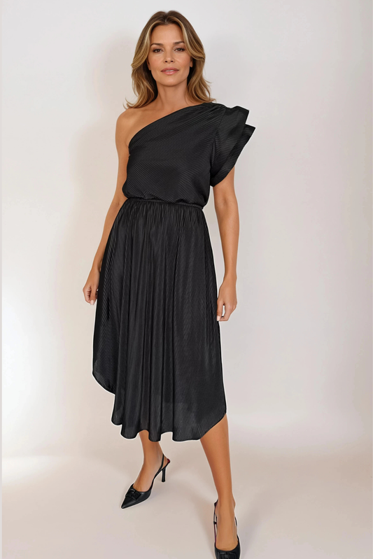 One Shoulder Flounce sleeve Midi Dress
