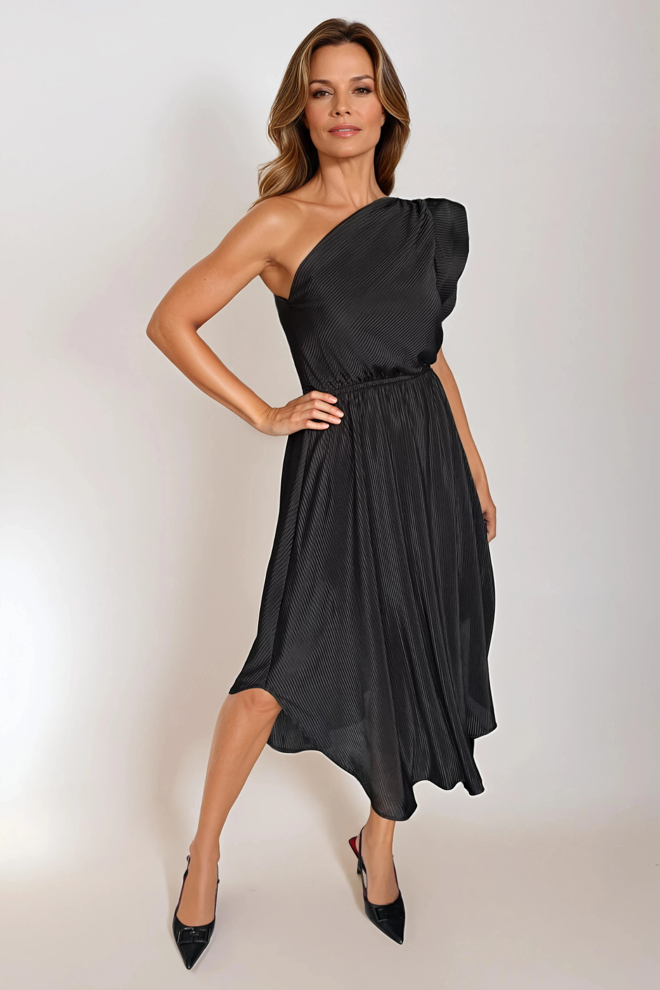 One Shoulder Flounce sleeve Midi Dress  TGCG