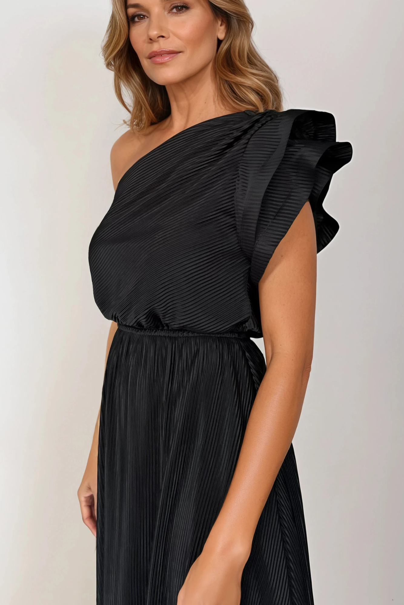 One Shoulder Flounce sleeve Midi Dress