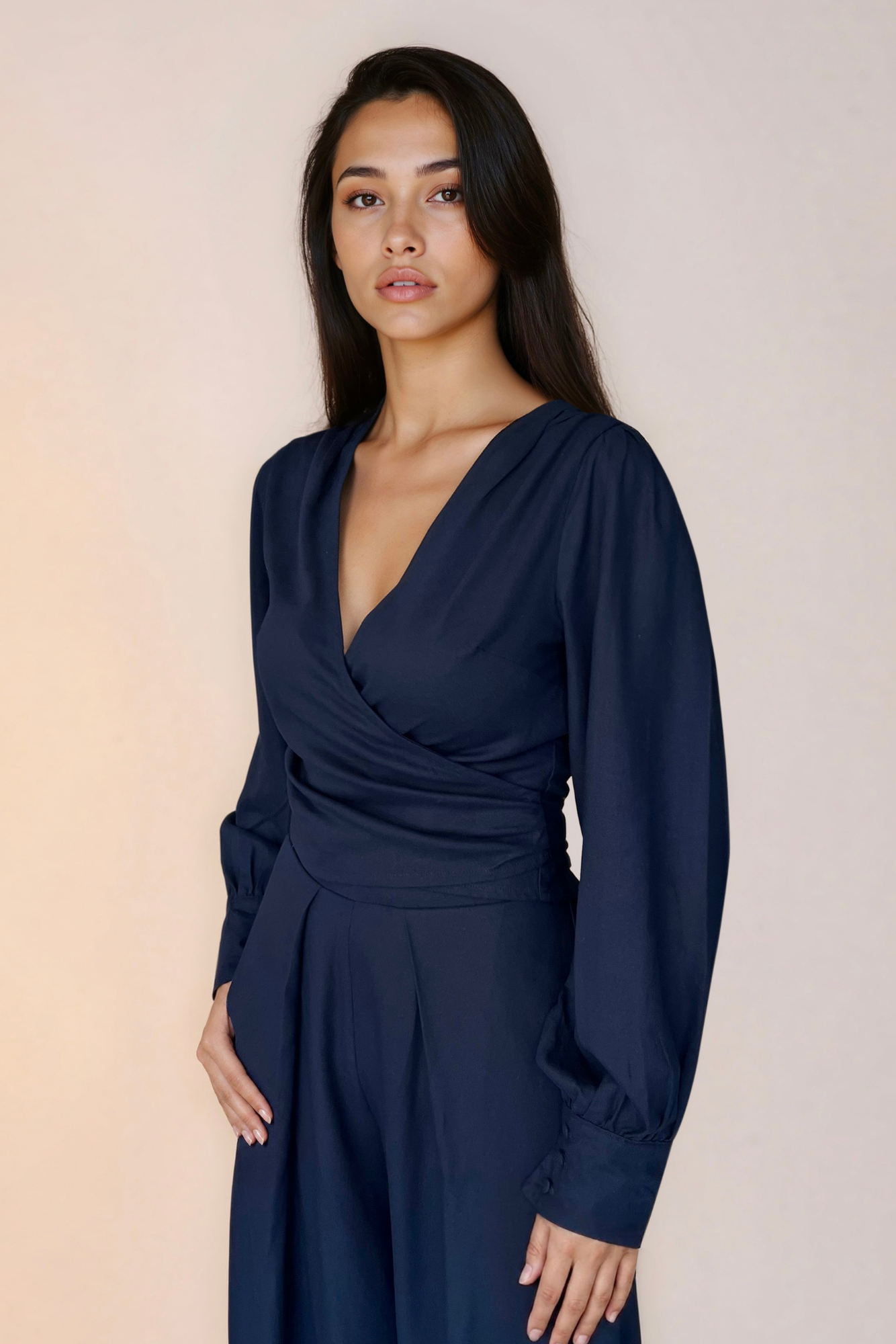 Navy Linen Wrap Top