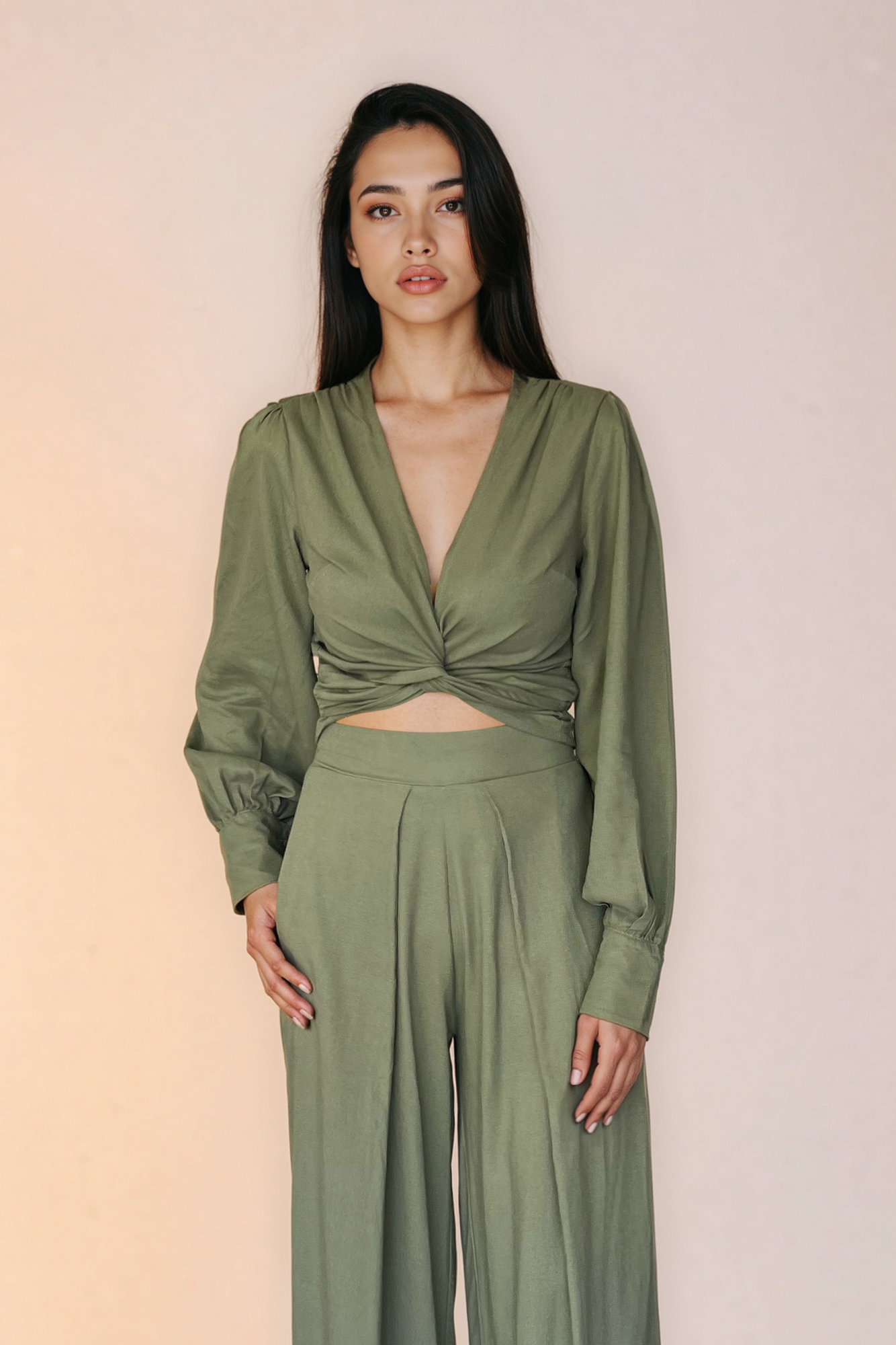Olive Green Linen Wrap Top