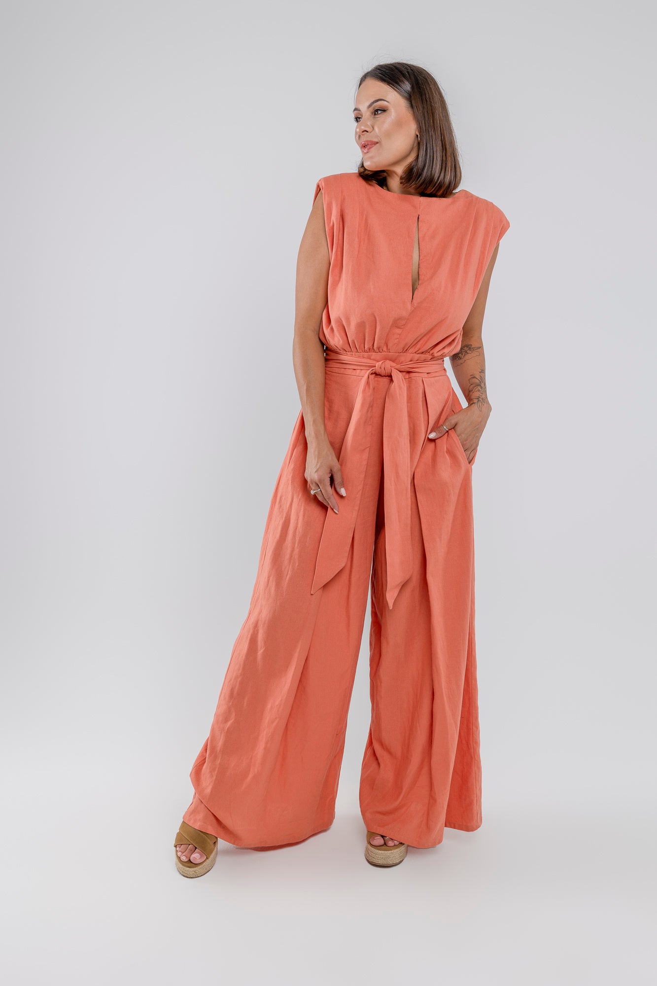 Peach Wide Leg Linen Jumpsuit