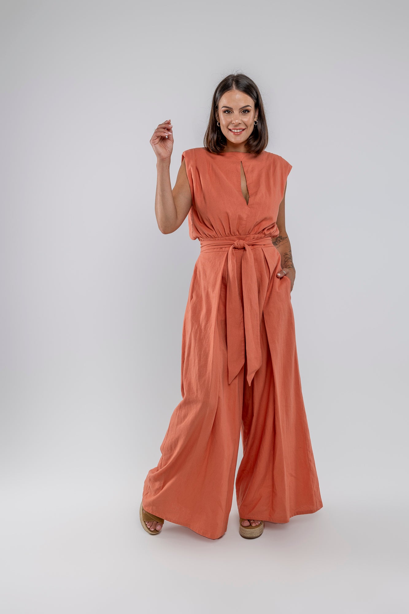 Peach Wide Leg Linen Jumpsuit