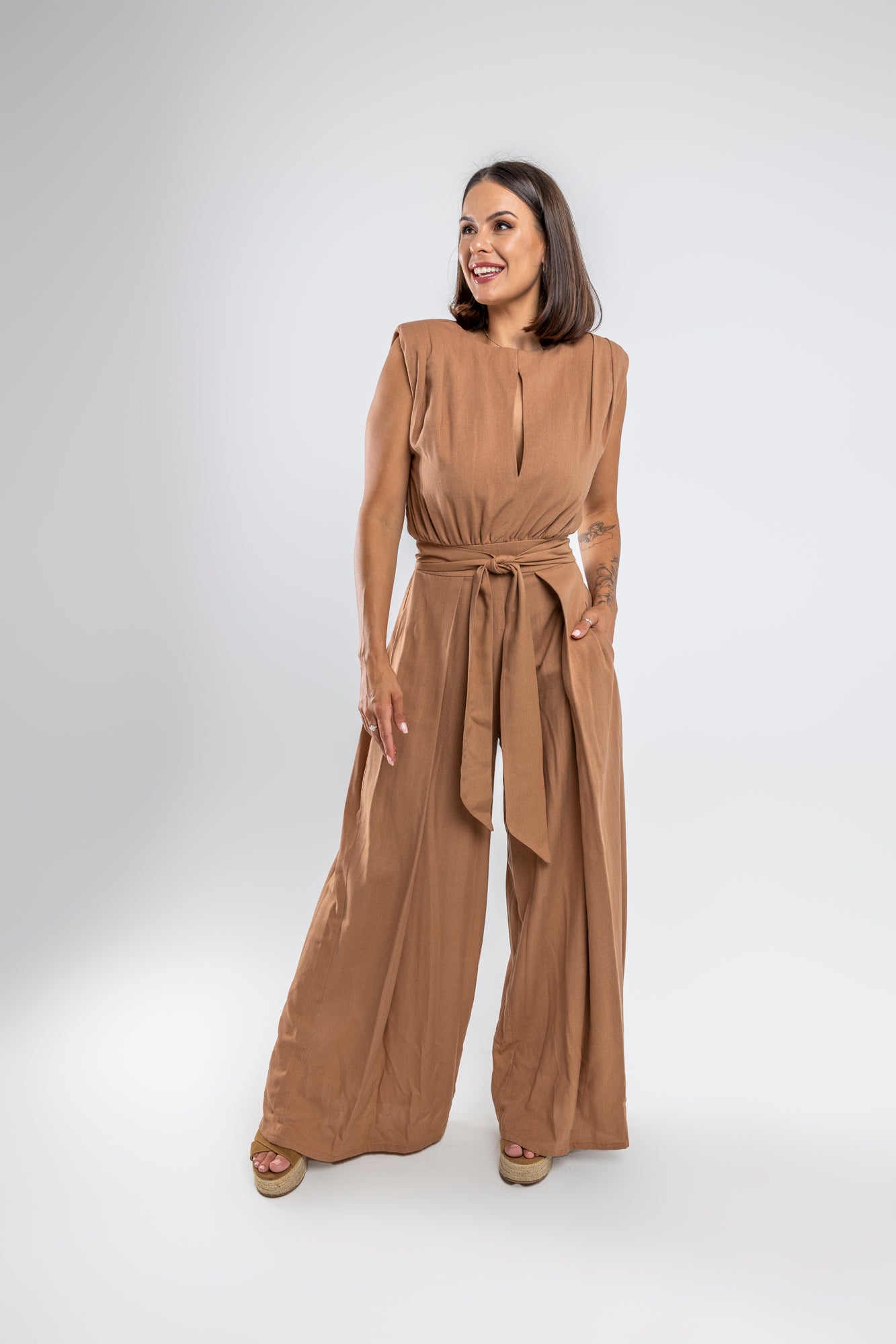 Camel Wide Leg Linen Jumpsuit