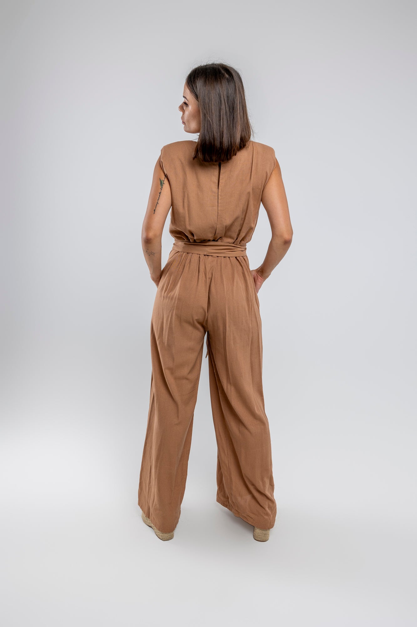 Camel Wide Leg Linen Jumpsuit