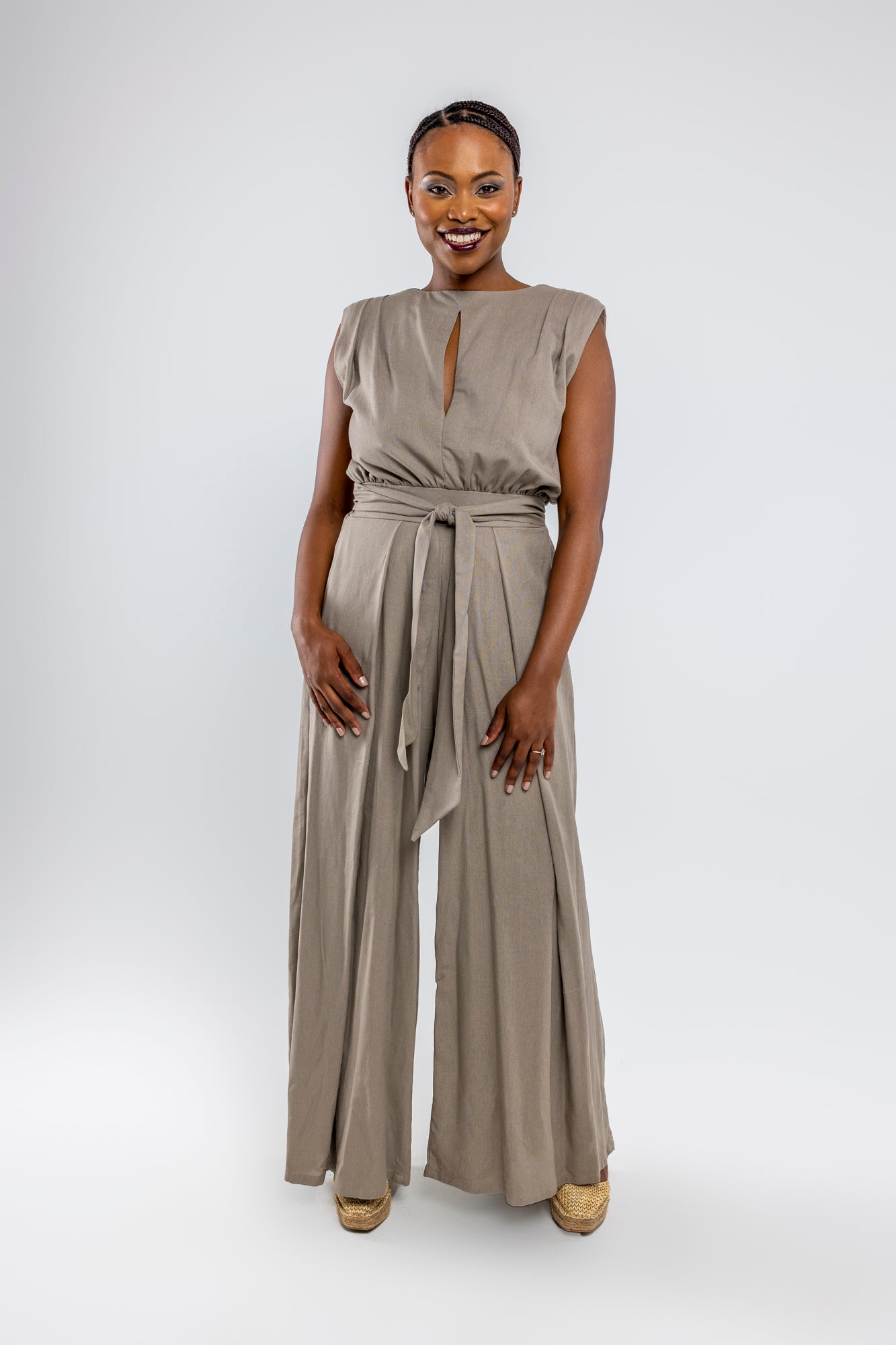 Taupe Wide Leg Linen Jumpsuit