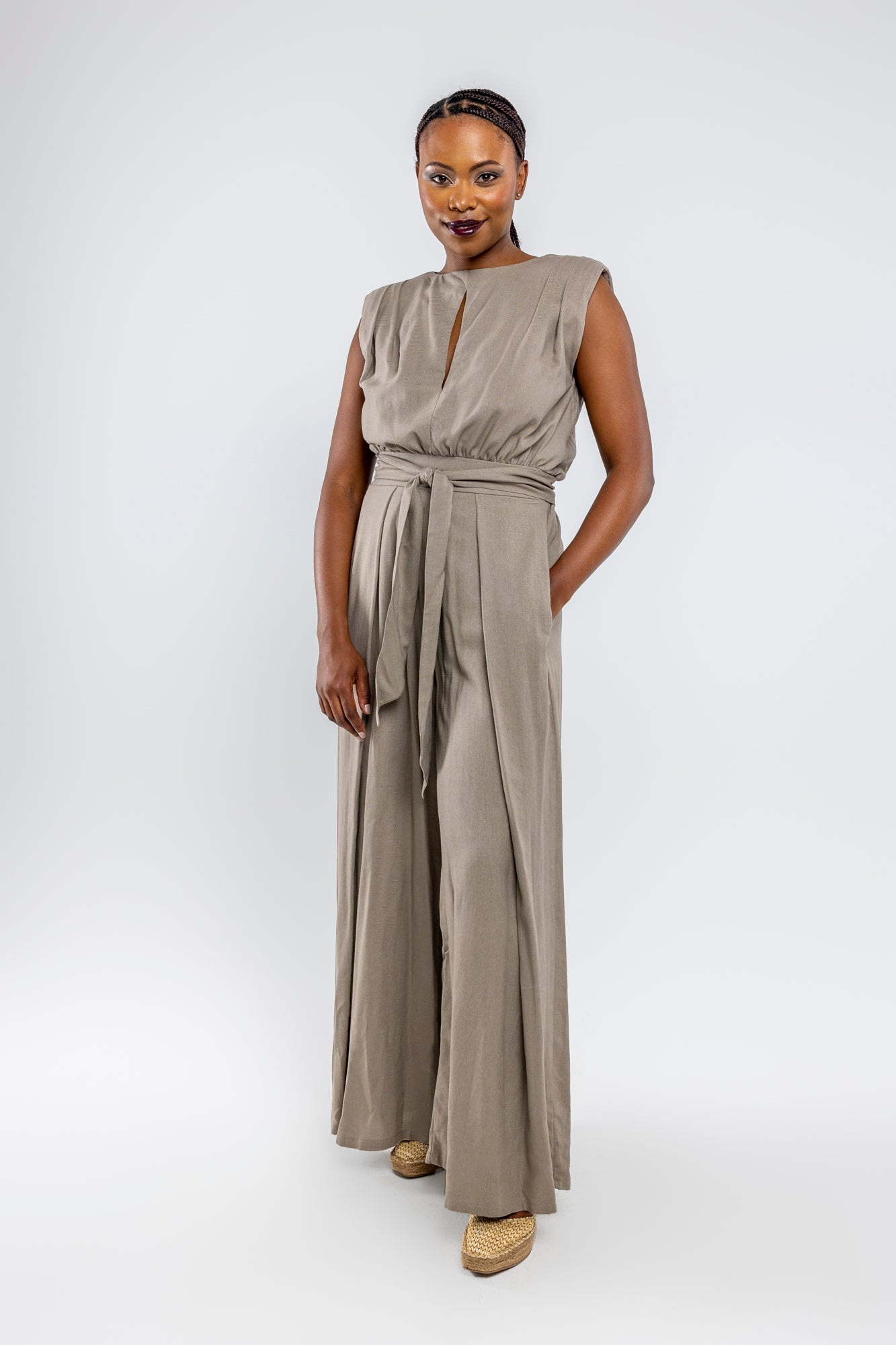 Taupe Wide Leg Linen Jumpsuit