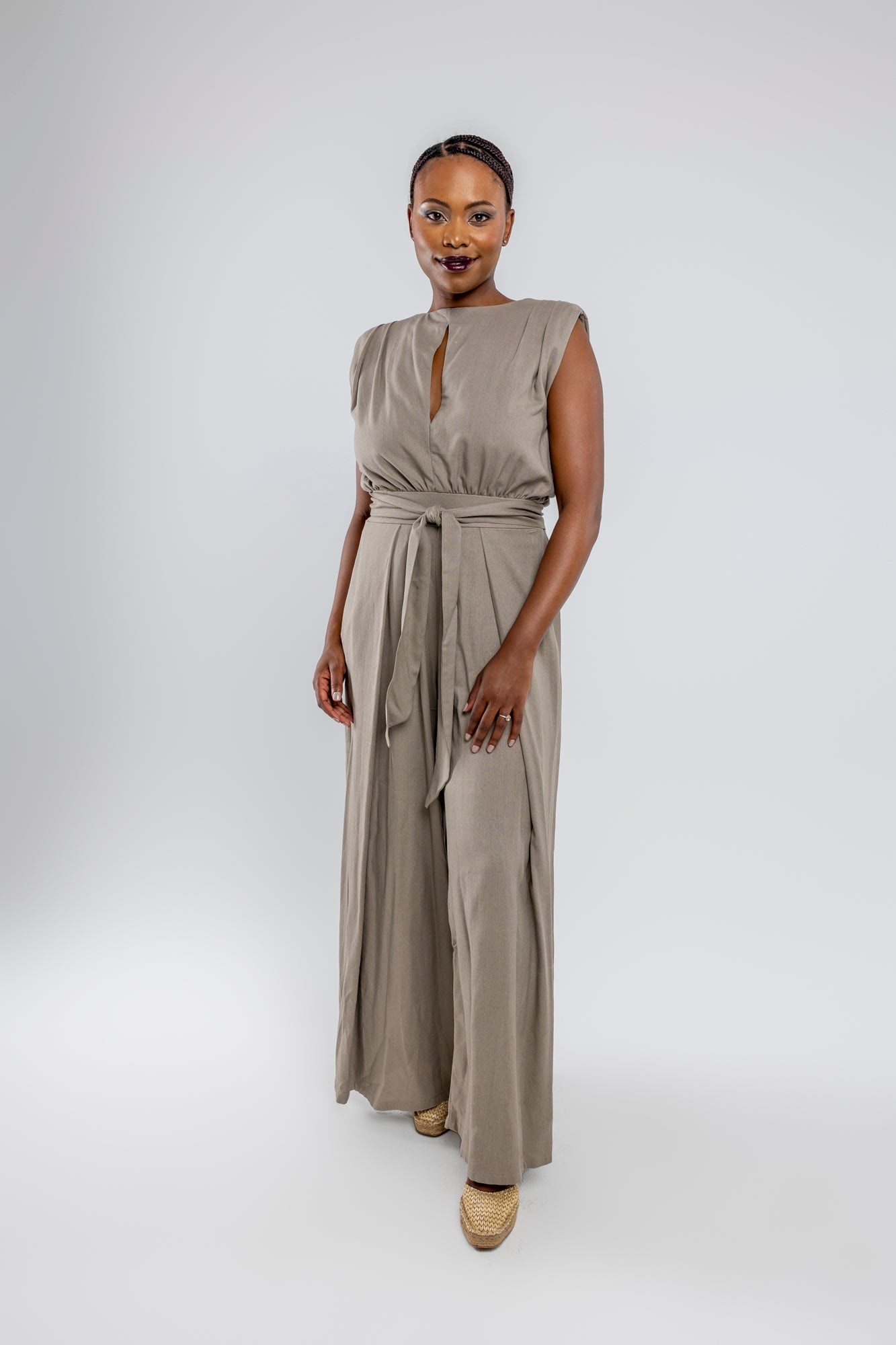 Taupe Wide Leg Linen Jumpsuit