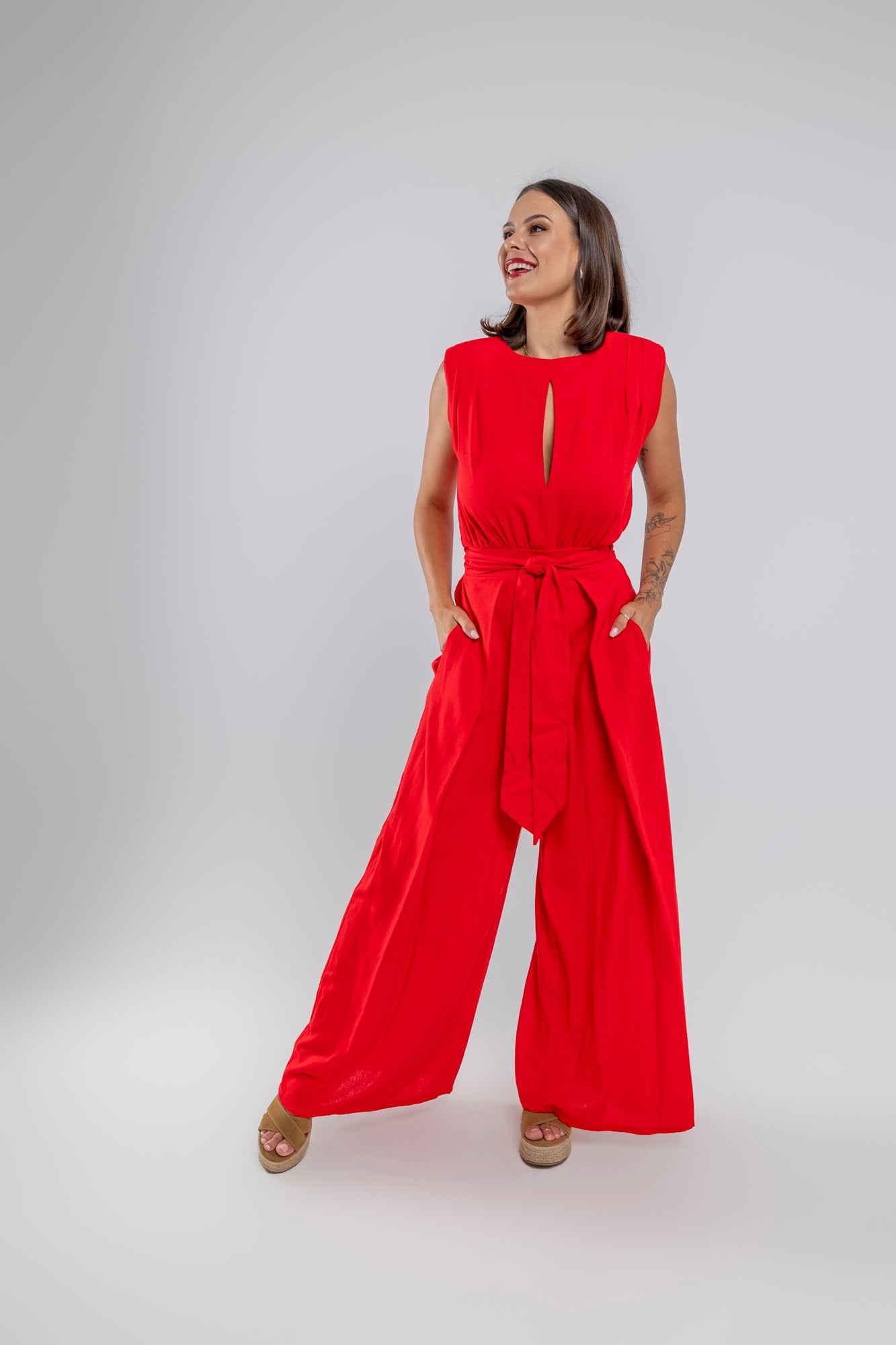 Red Wide Leg Linen Jumpsuit