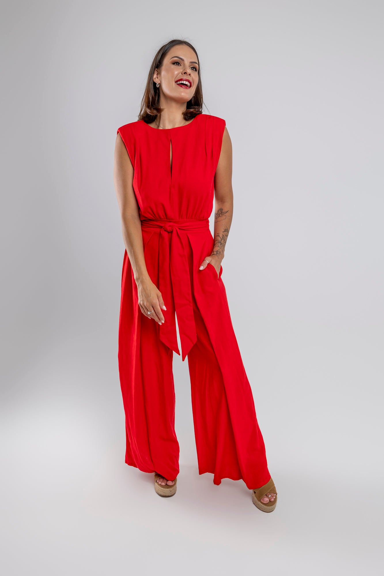 Red Wide Leg Linen Jumpsuit