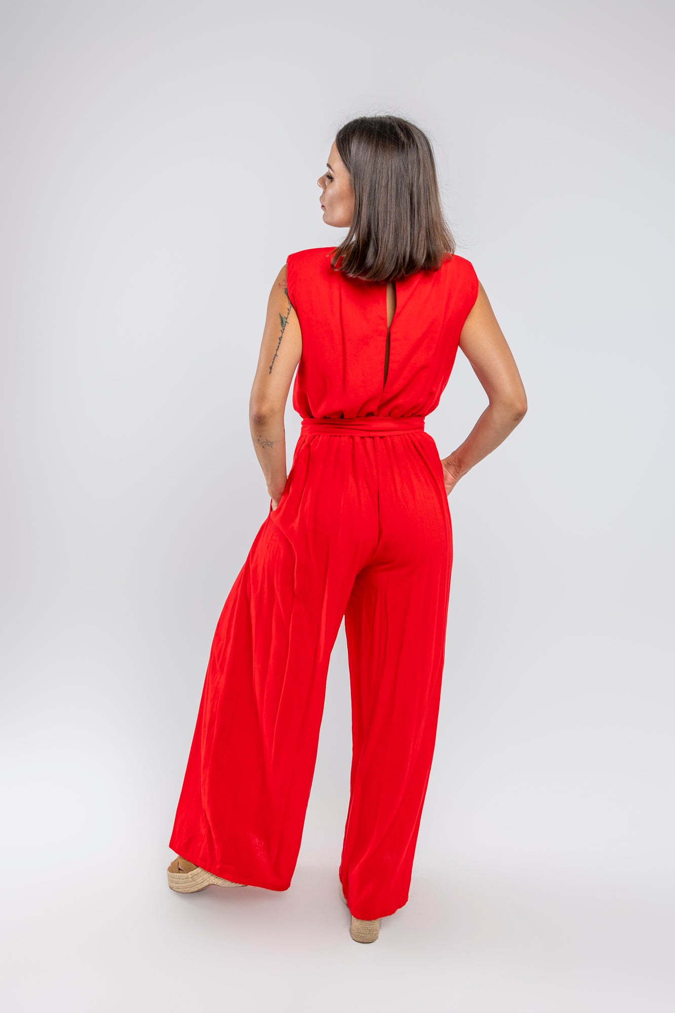 Red Wide Leg Linen Jumpsuit