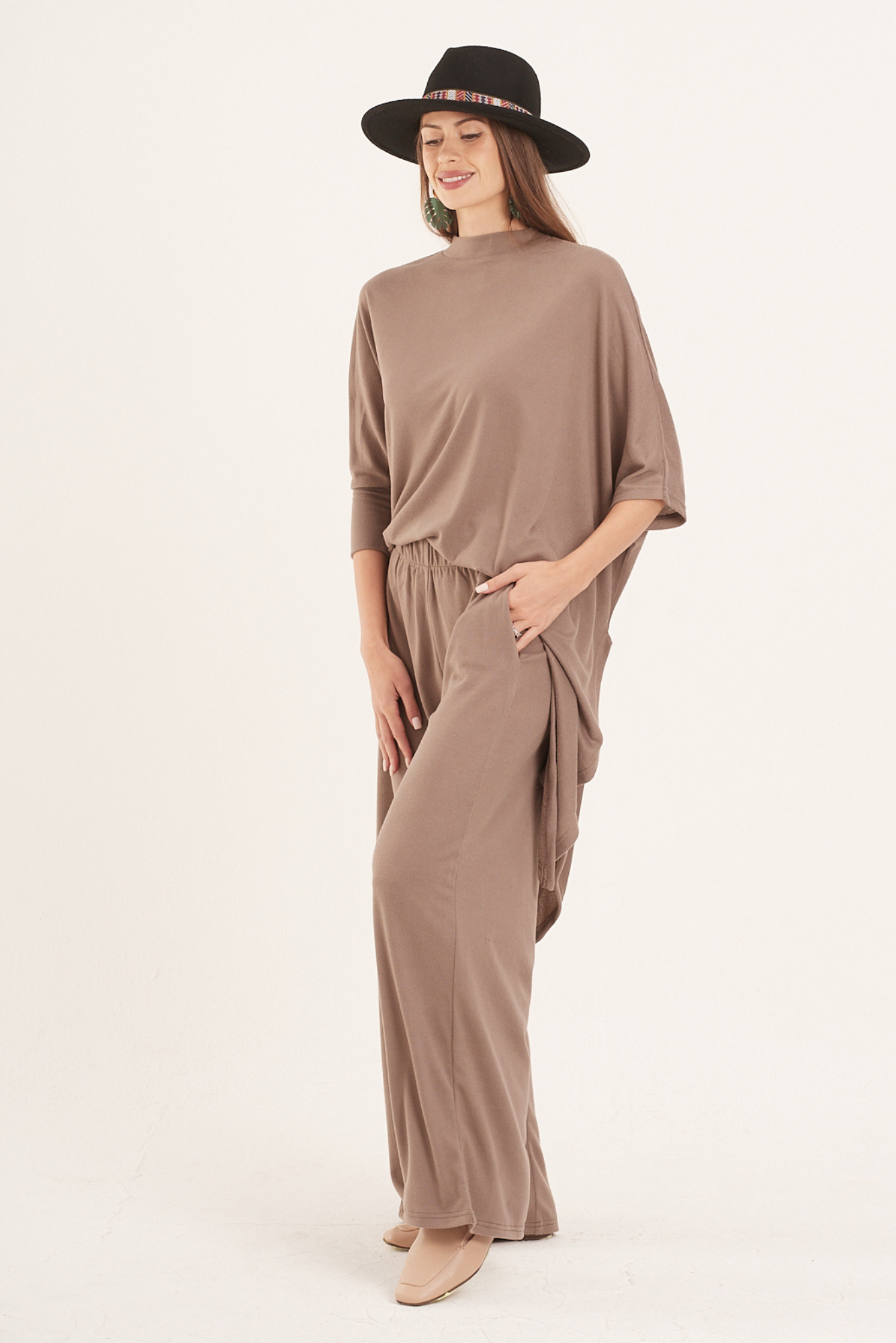 Taupe Wide Leg Knit Pants