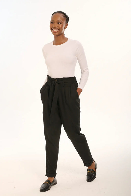 Black Linen Taped Pants