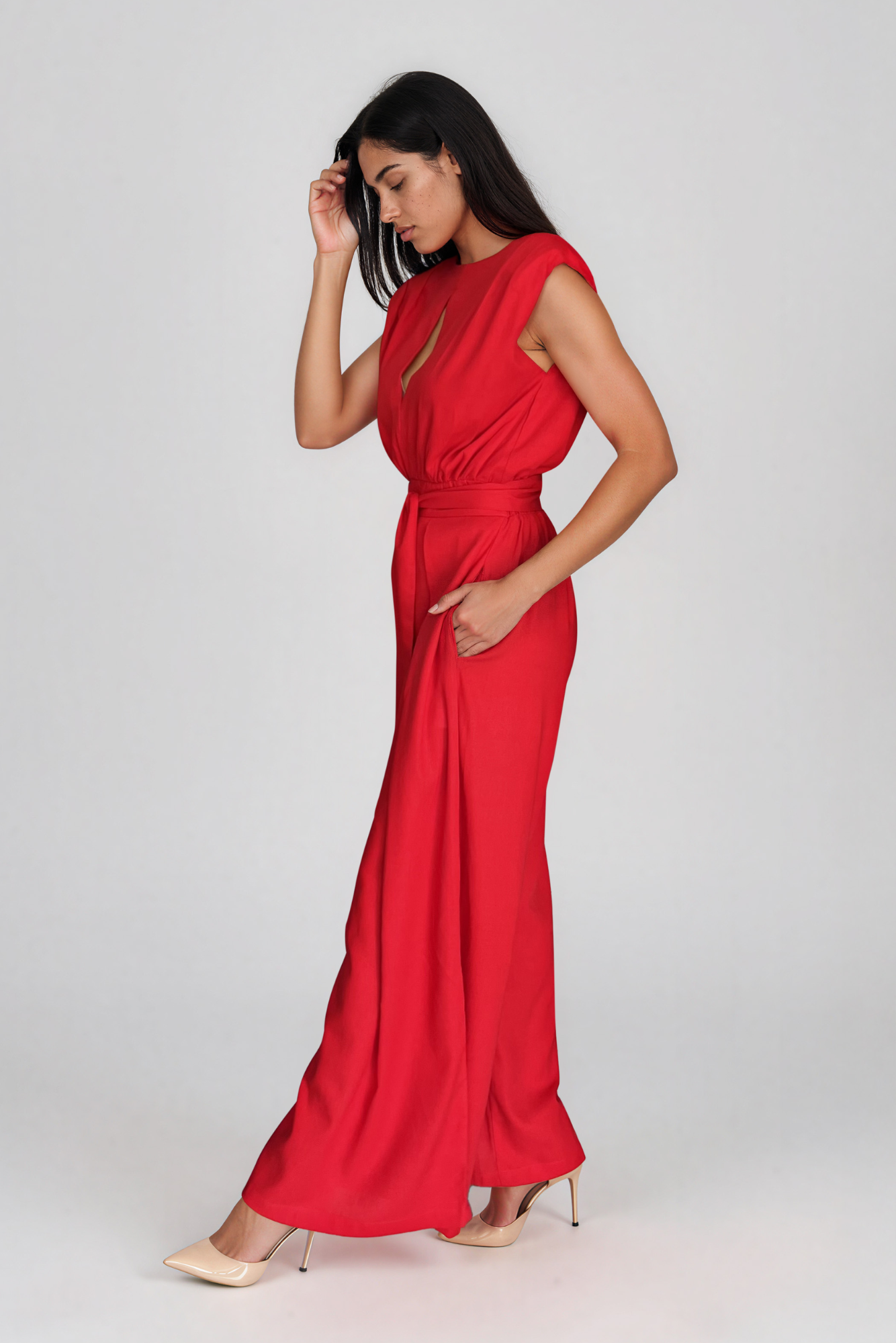 Red Wide Leg Linen Jumpsuit