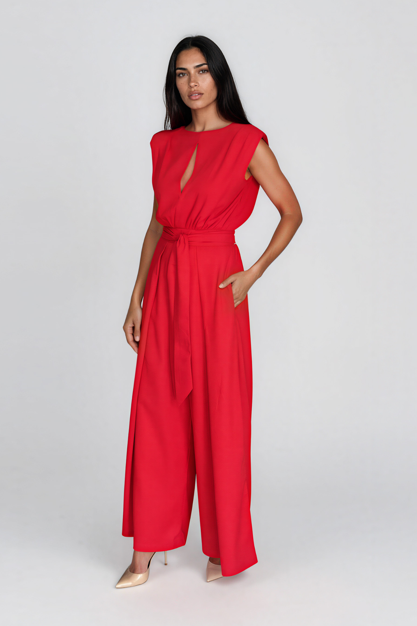 Red Wide Leg Linen Jumpsuit
