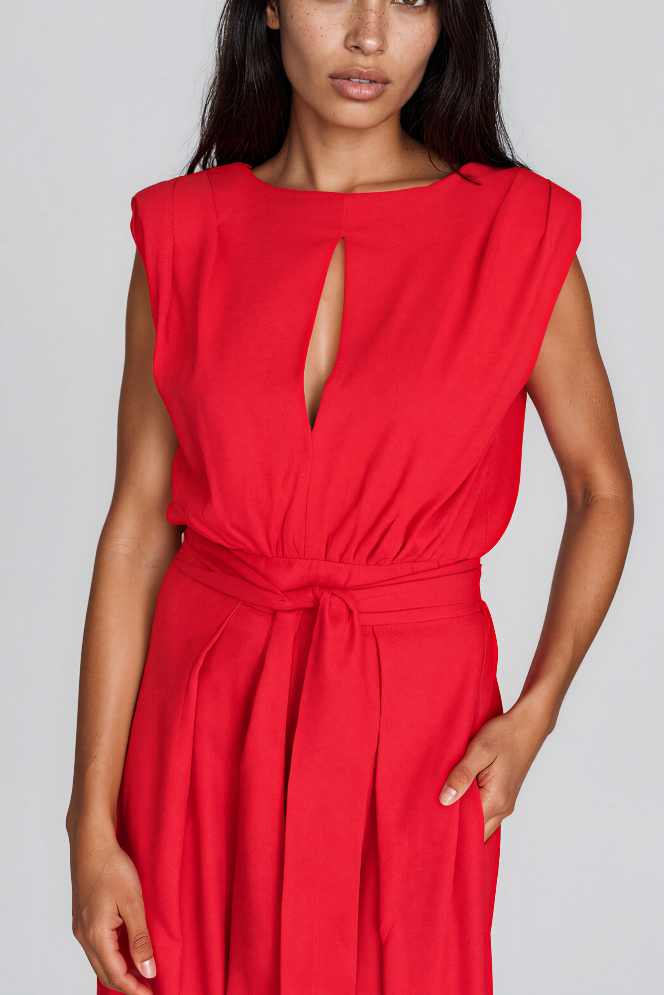 Red Wide Leg Linen Jumpsuit