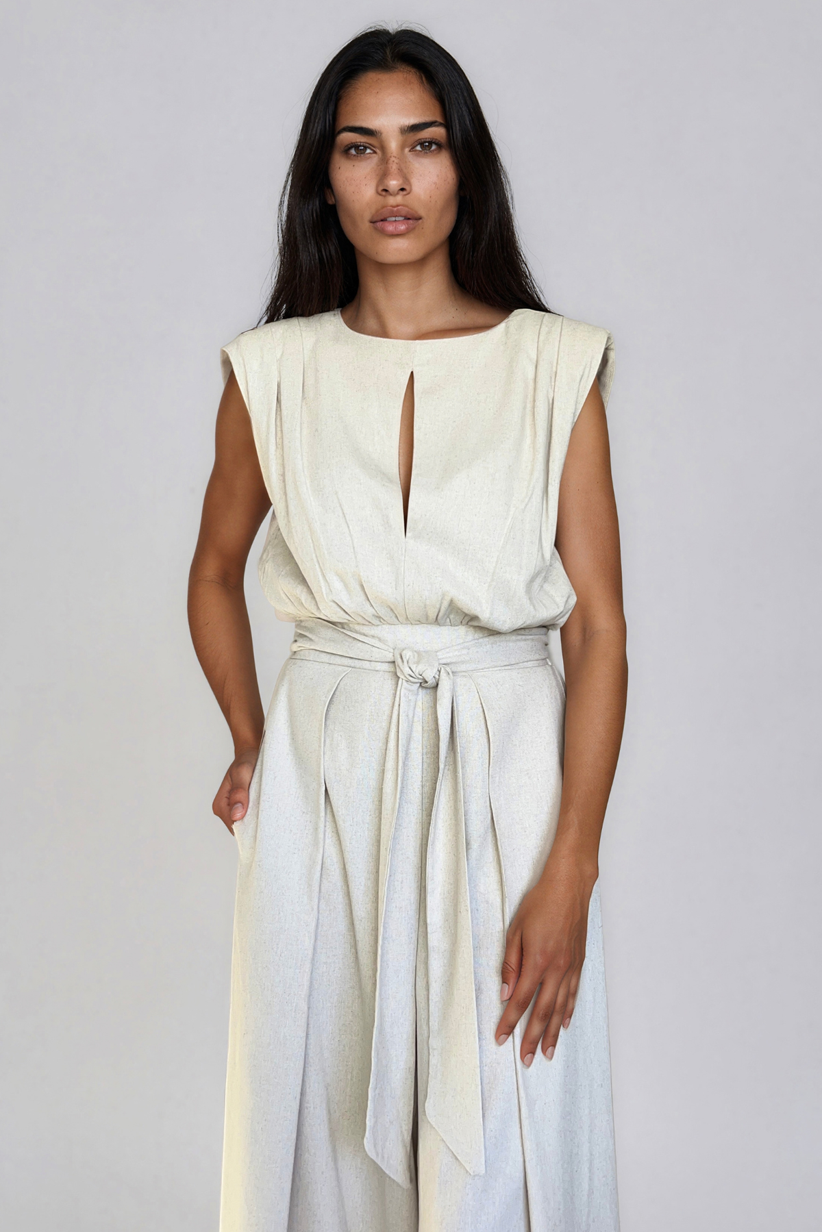Natural Wide Leg Linen Jumpsuit