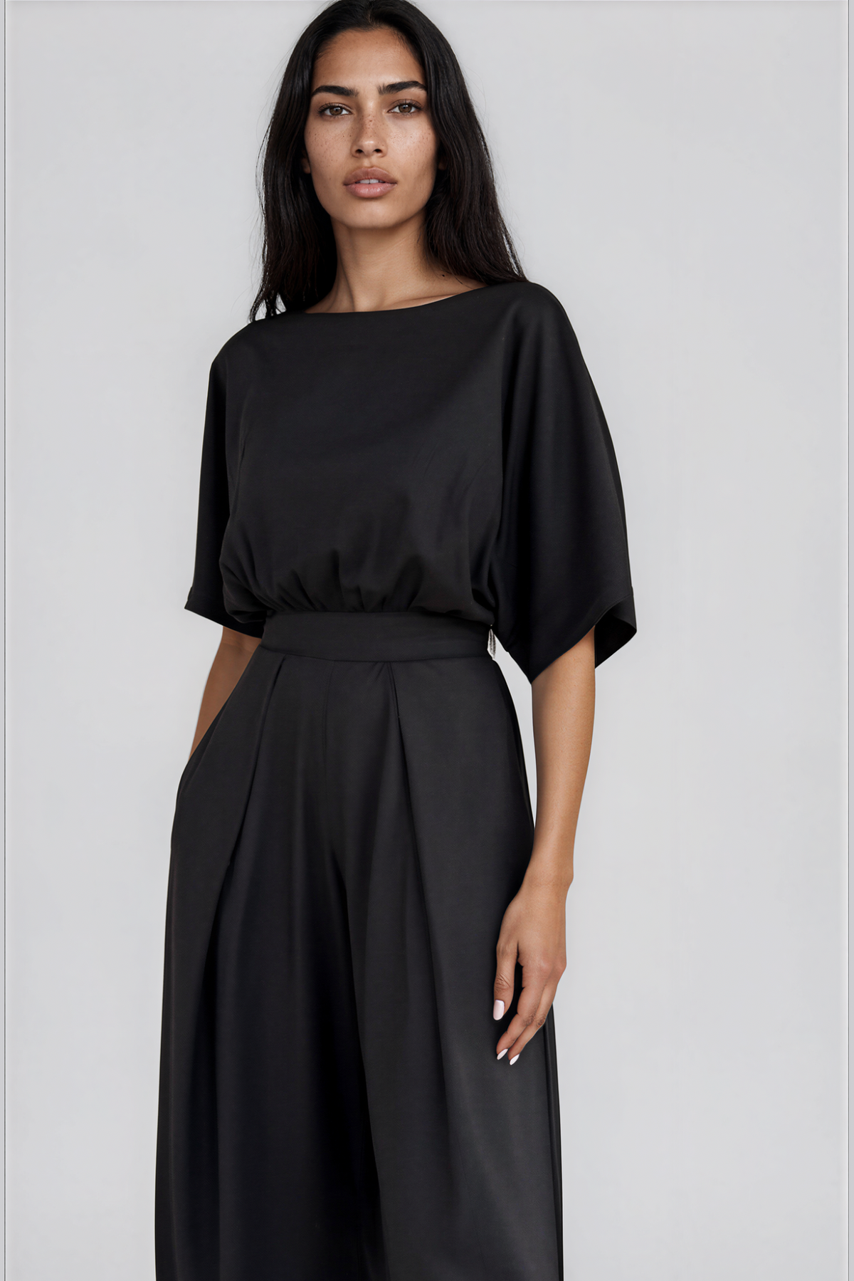 Black Straight Neck Capri Linen Jumpsuit