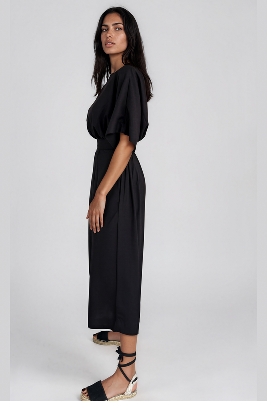 Black Straight Neck Capri Linen Jumpsuit