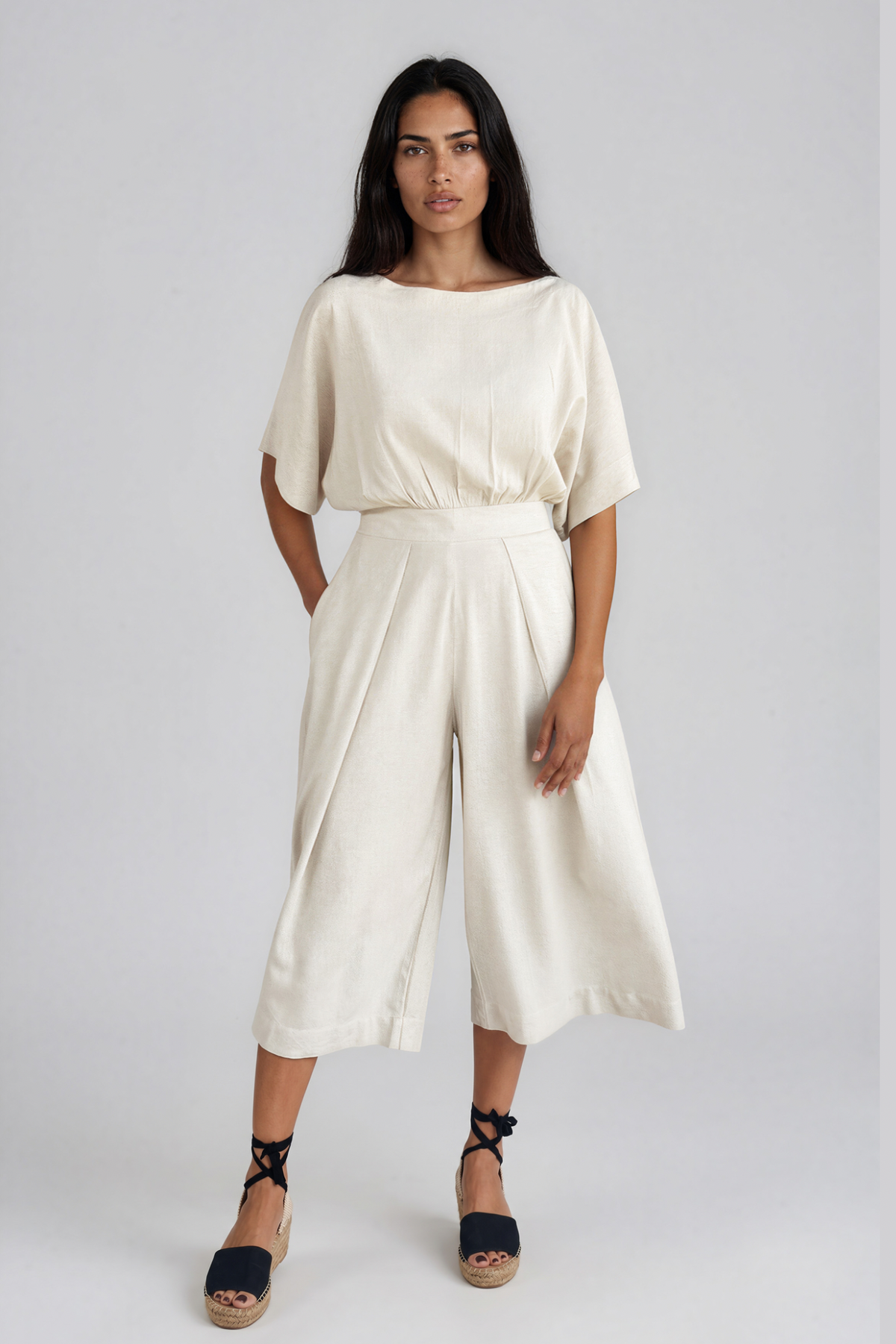 Natural Straight Neck Capri Linen Jumpsuit