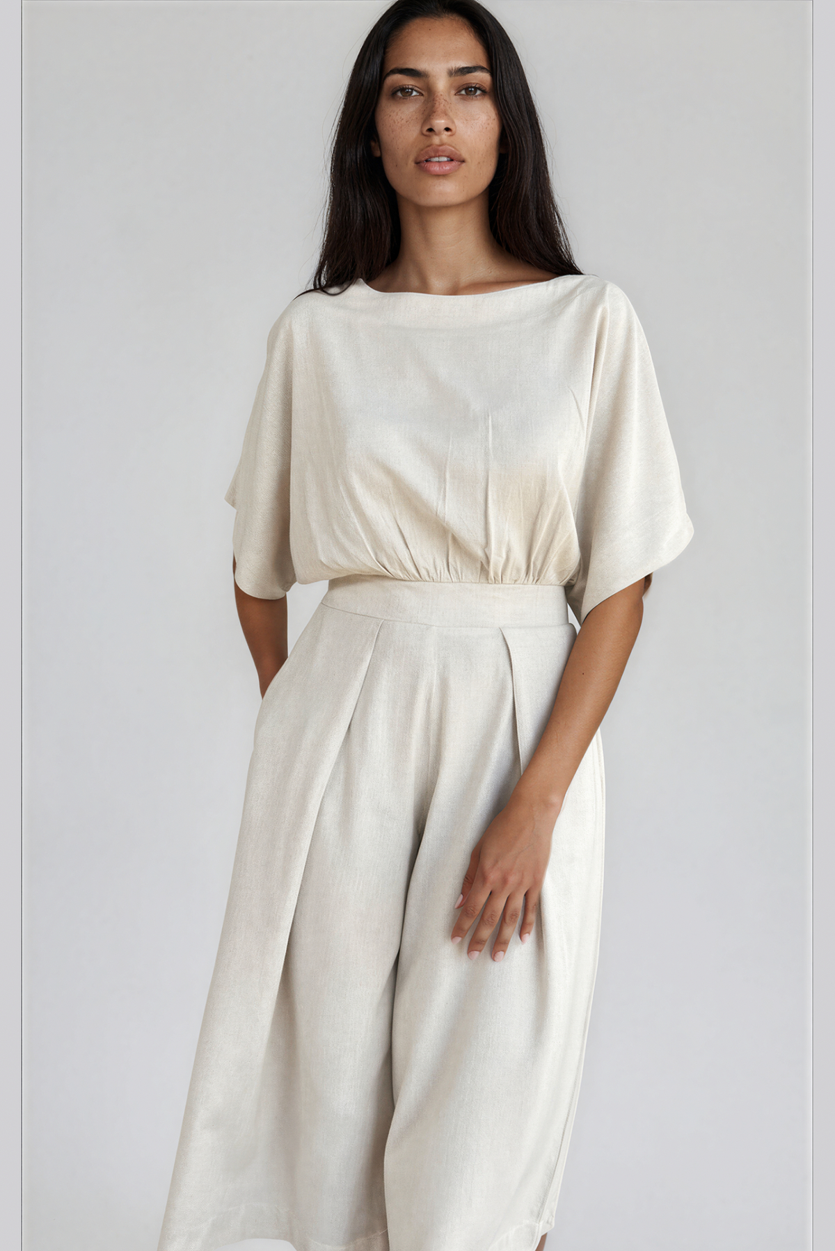 Natural Straight Neck Capri Linen Jumpsuit