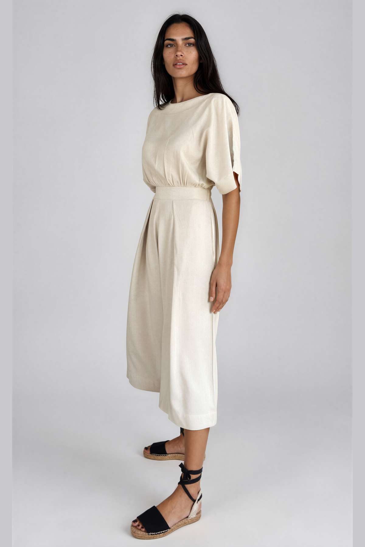 Natural Straight Neck Capri Linen Jumpsuit