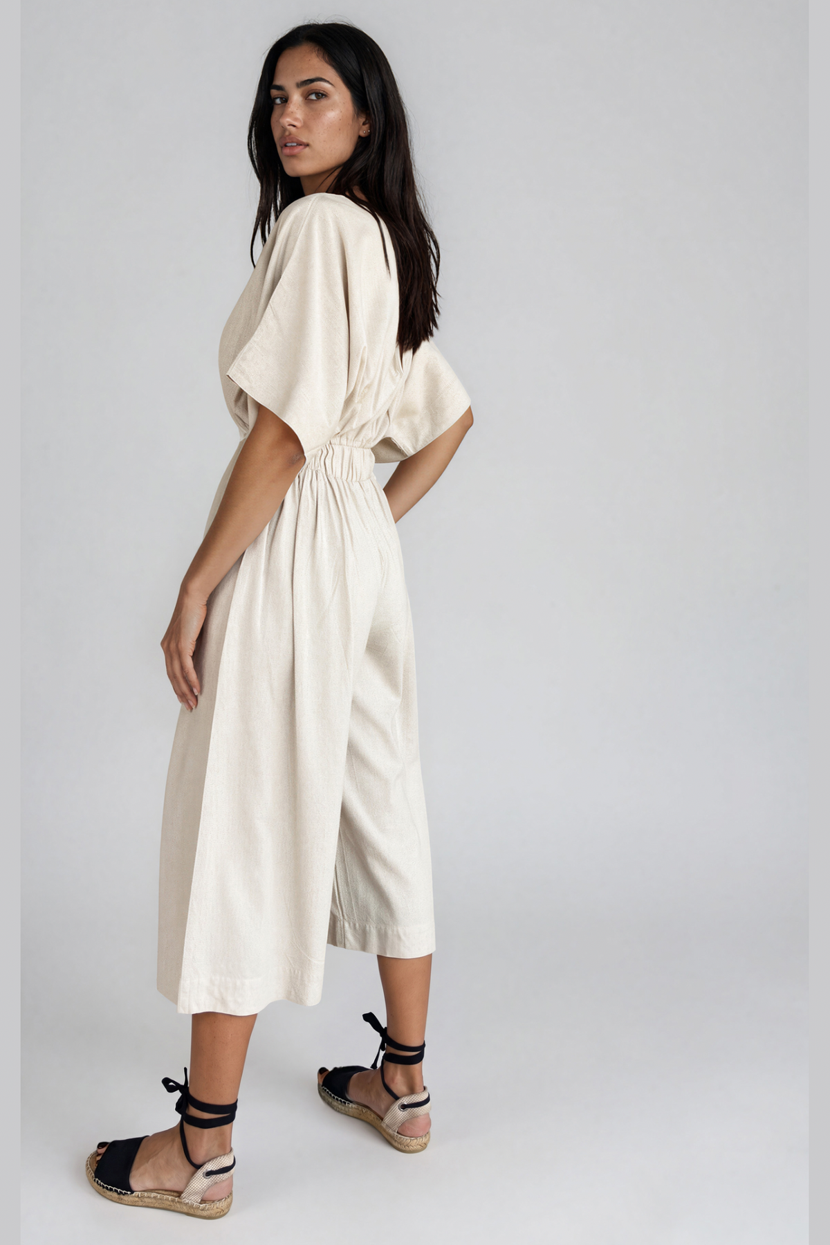 Natural Straight Neck Capri Linen Jumpsuit