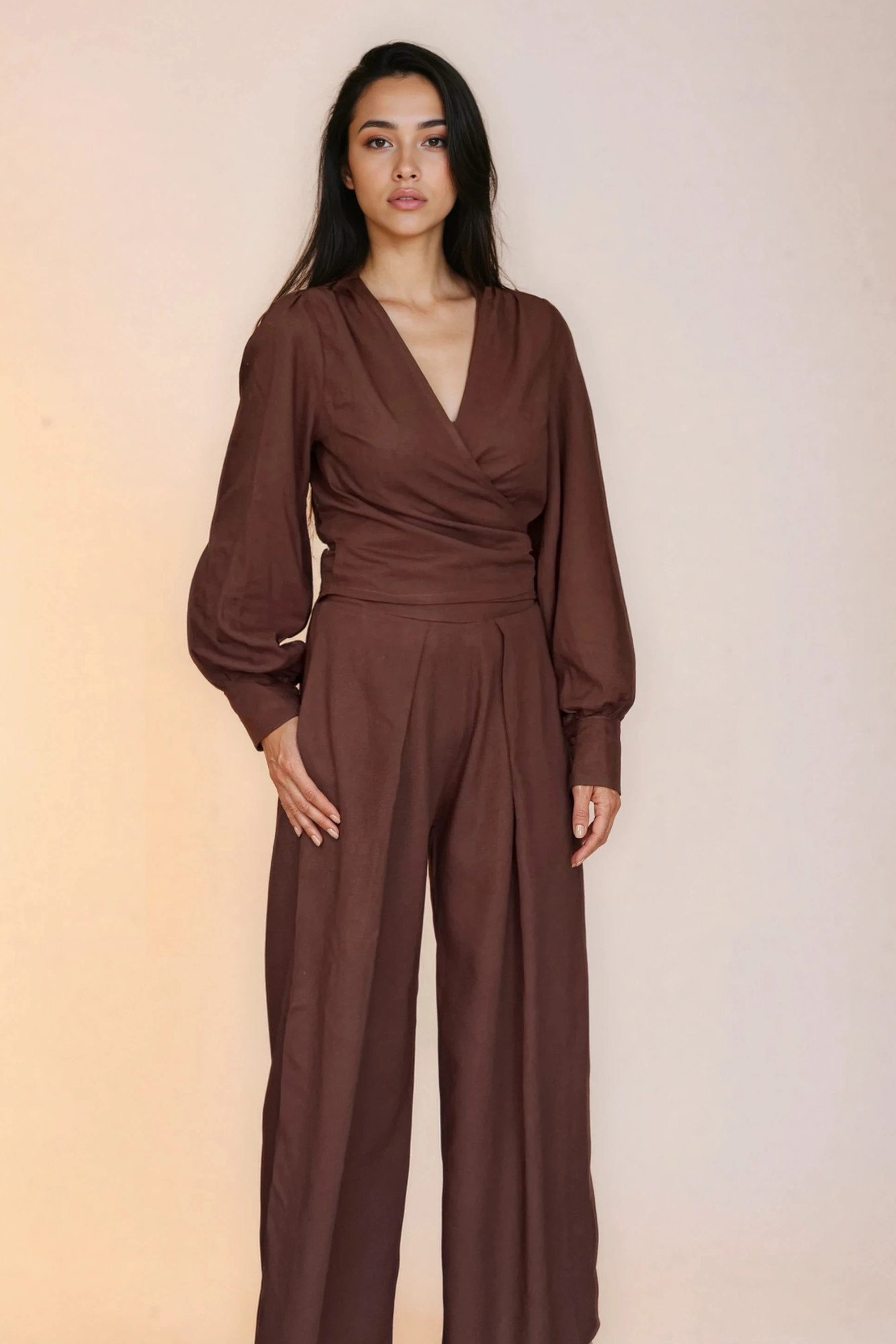 Chocolate Brown Linen Wrap Top