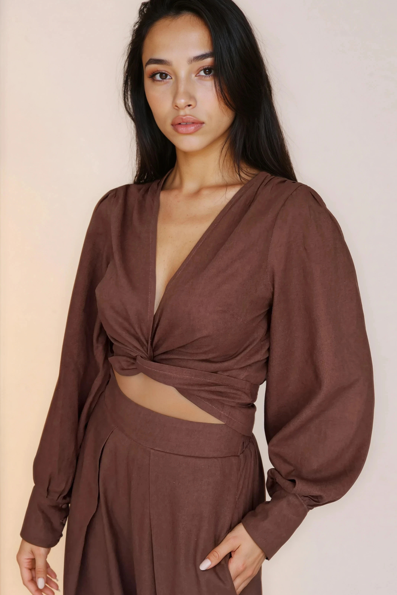 Chocolate Brown Linen Wrap Top – TGCG