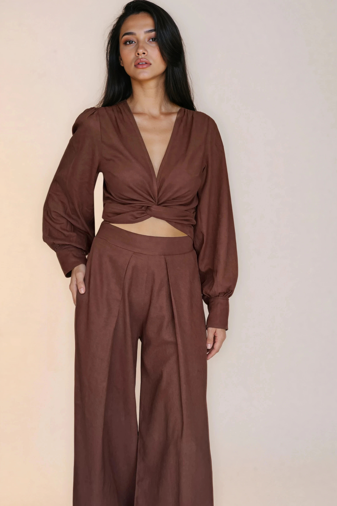 Chocolate Brown Linen Wrap Top