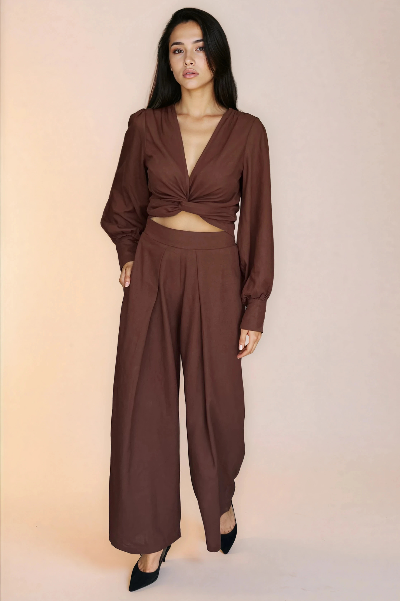 Chocolate Brown Linen Wrap Top