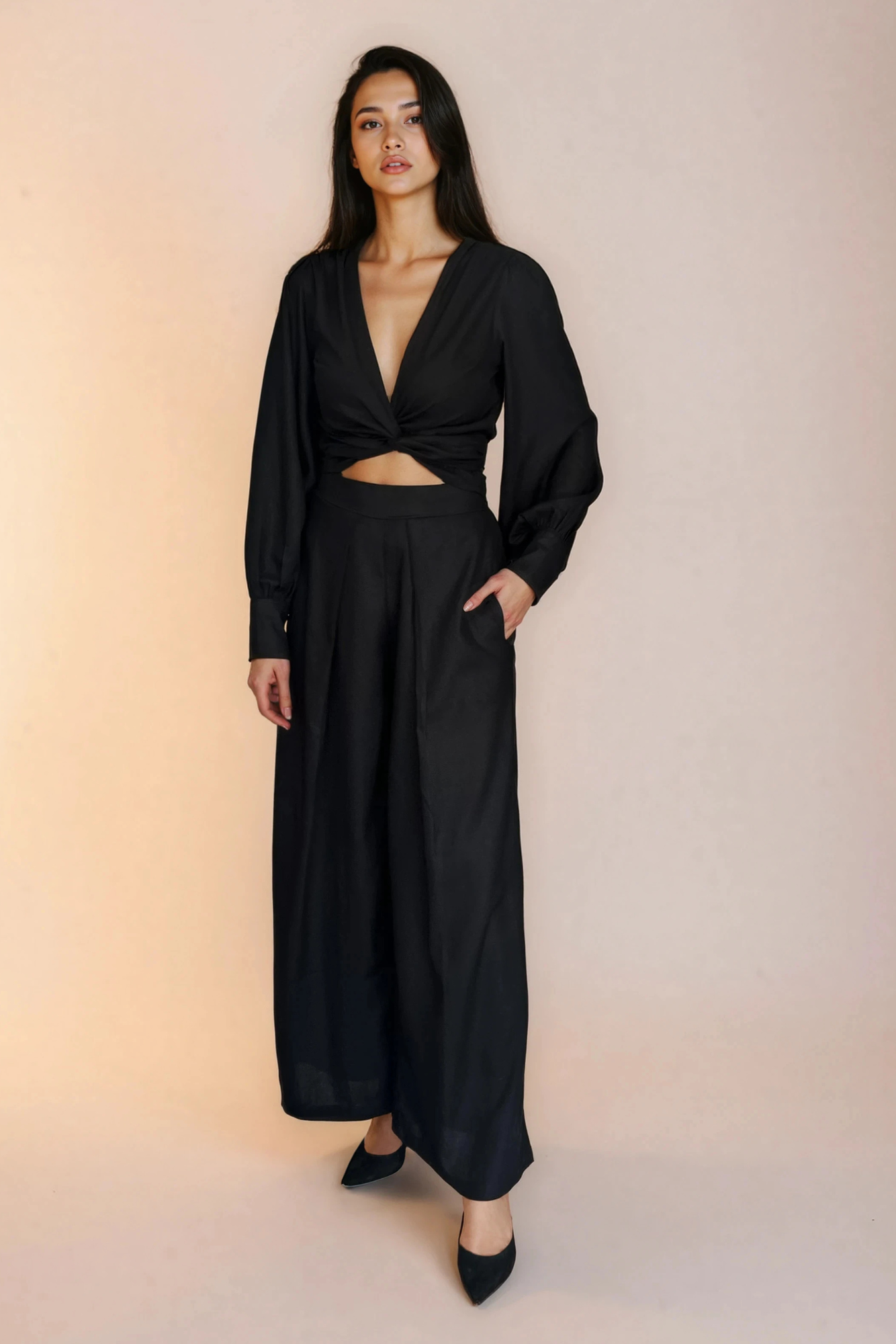 Black Linen Wrap Top