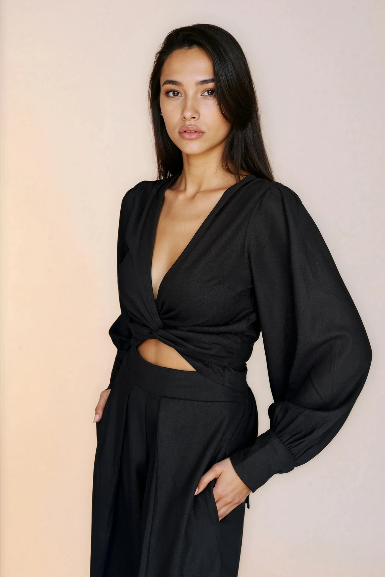 Black Linen Wrap Top